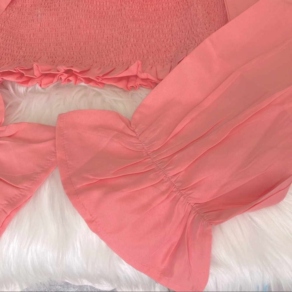 🆕 True Destiny Women’s Smocked Solid Ruffle Pink Peasant Off-the-shoulder Top - Picture 7 of 8